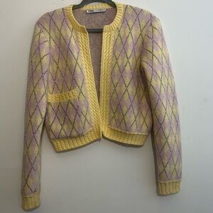 ZARA Pastel Argyle Knit Cropped Cardigan Yellow Lilac Open Front Size S